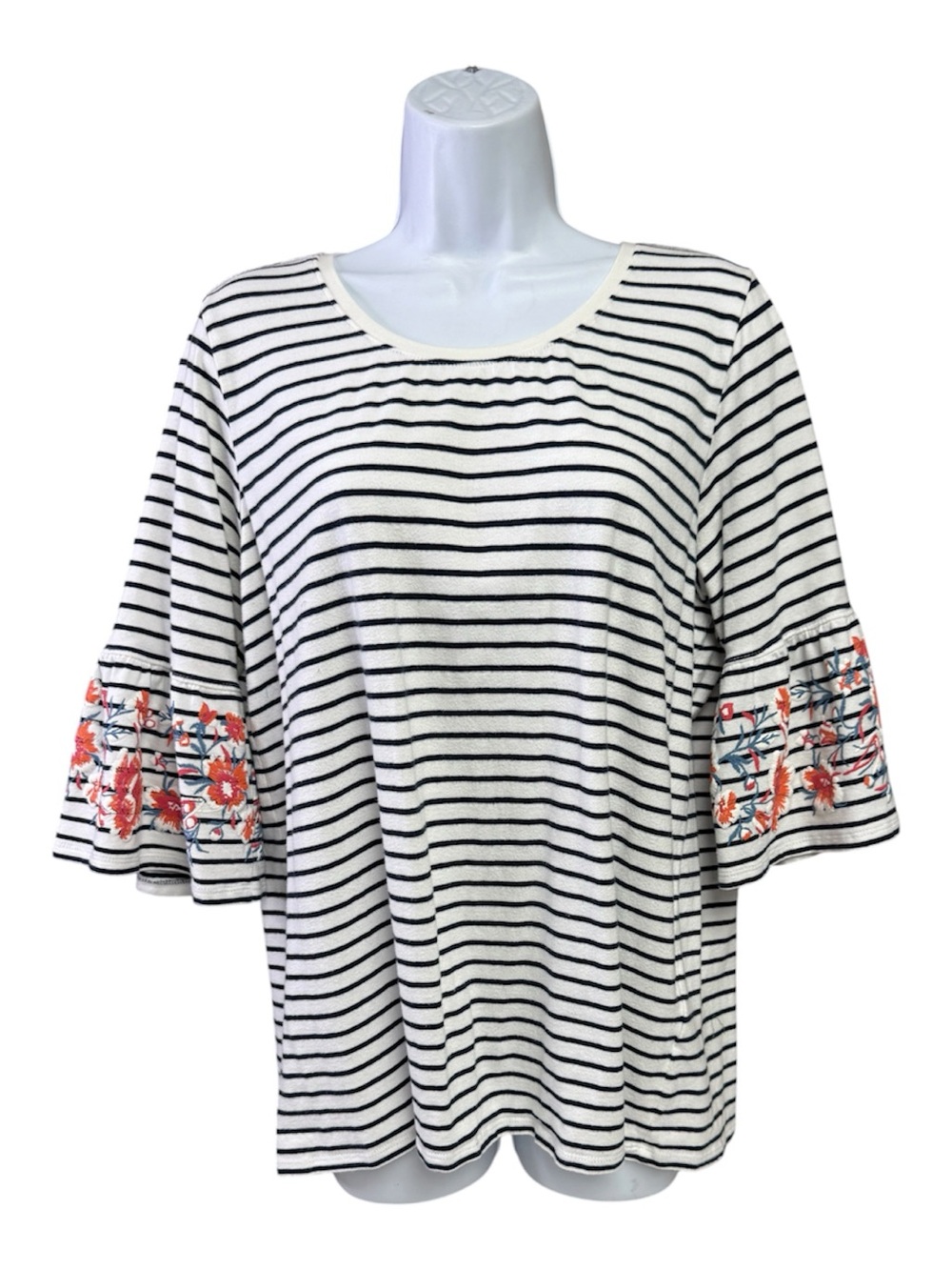Tribal size XL White Black Striped Scoop-Neck Tee with Coral Floral Bell Sleeves